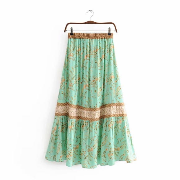 Boho Mint Green Floral Print Ruffle Crop Top Maxi Skirt Set - Picture 12 of 12